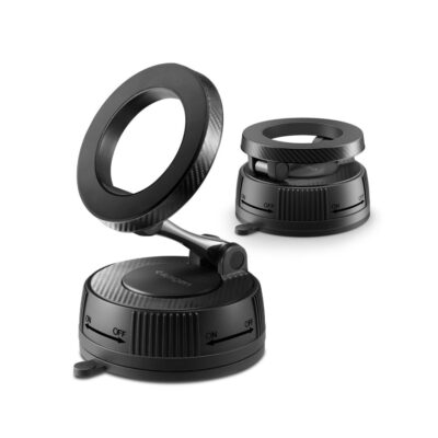 Juodas magnetinis telefono laikiklis su apvaliu ratu bei magnetine plokstele