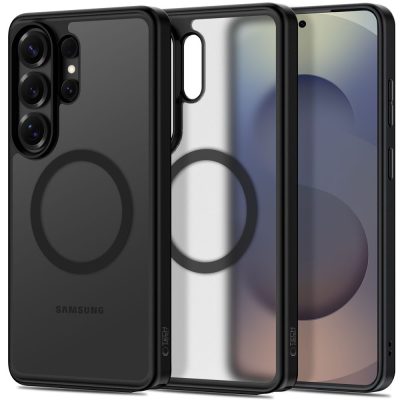 Juodas matinis dėklas Samsung Galaxy S26 Ultra Tech-Protect Magpeak Magsafe su aiškiu magnetiniu žiedu