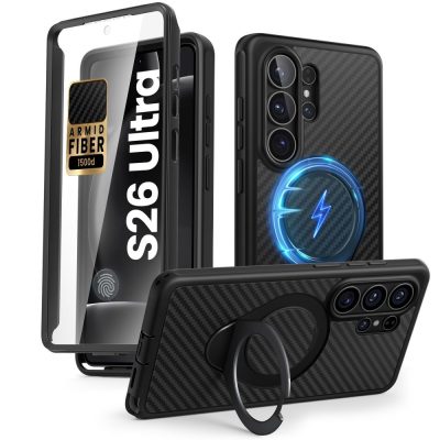 Juodas aramid dėklas Samsung Galaxy S26 Ultra Supcase Cosmo Mag Magsafe su magnetiniu žiedu ir anglies pluošto raštu