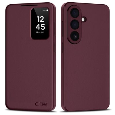 Bordo atverčiamas dėklas Samsung Galaxy S26 Plus Tech-Protect Smart Wallet su mažu langu ekrane ir trimis kameros moduliais