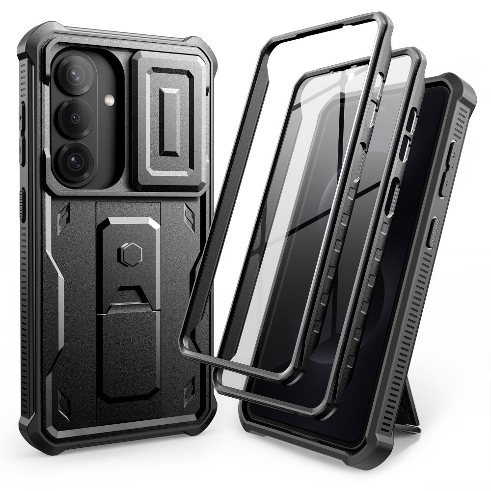 Juodas dėklas Samsung Galaxy S26 Tech-Protect Kevlar Cam+ 2-Set Juodas dėklas Samsung Galaxy S26 su tvirtu apsauginiu rėmeliu ir kameros dangteliu