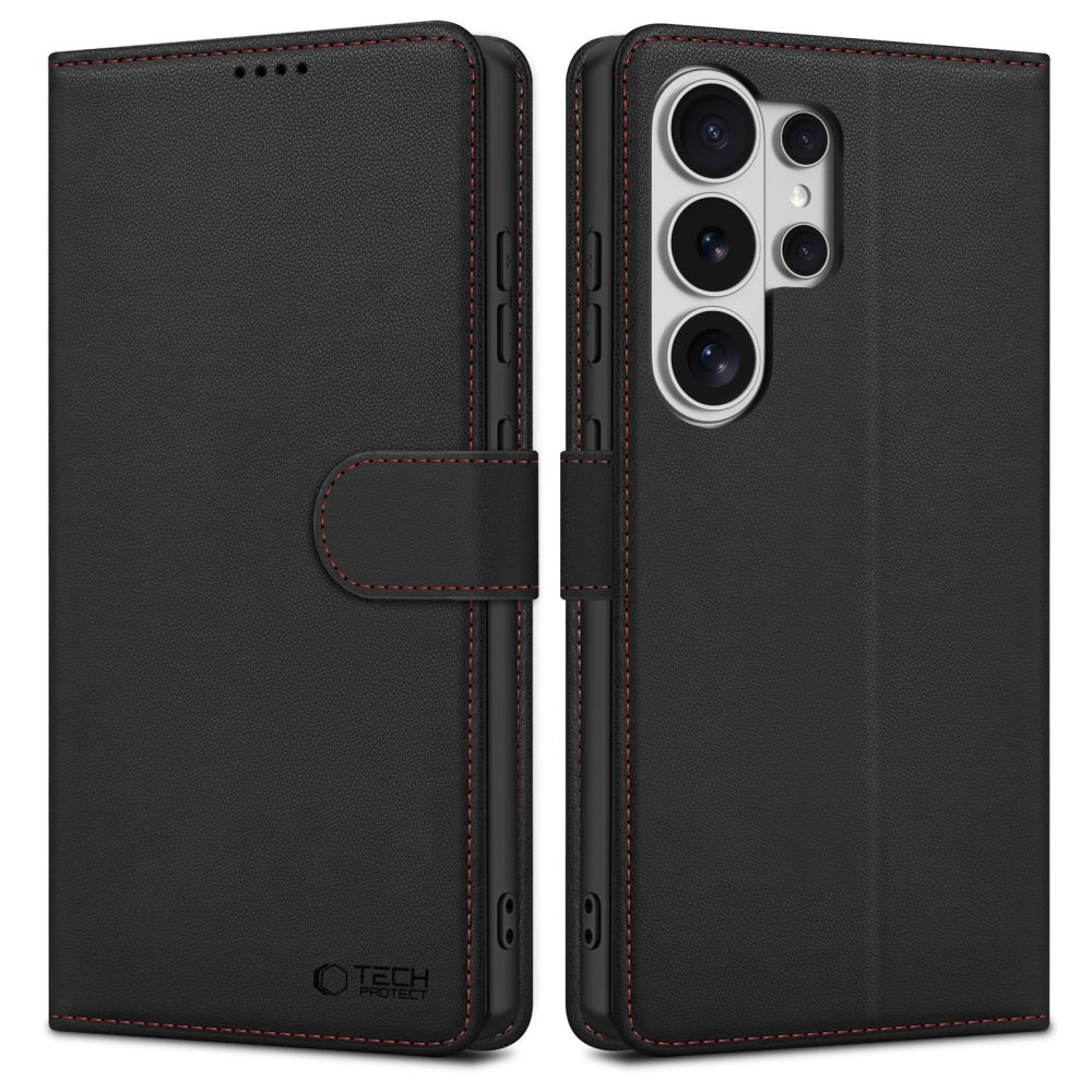 Juodas-raudonas atverčiamas dėklas Samsung Galaxy S26 Ultra Tech-Protect Wallet Juodas-raudonas atverčiamas dėklas Samsung Galaxy S26 Ultra Tech-Protect Wallet iš dirbtinės odos su raudonomis siūlėmis