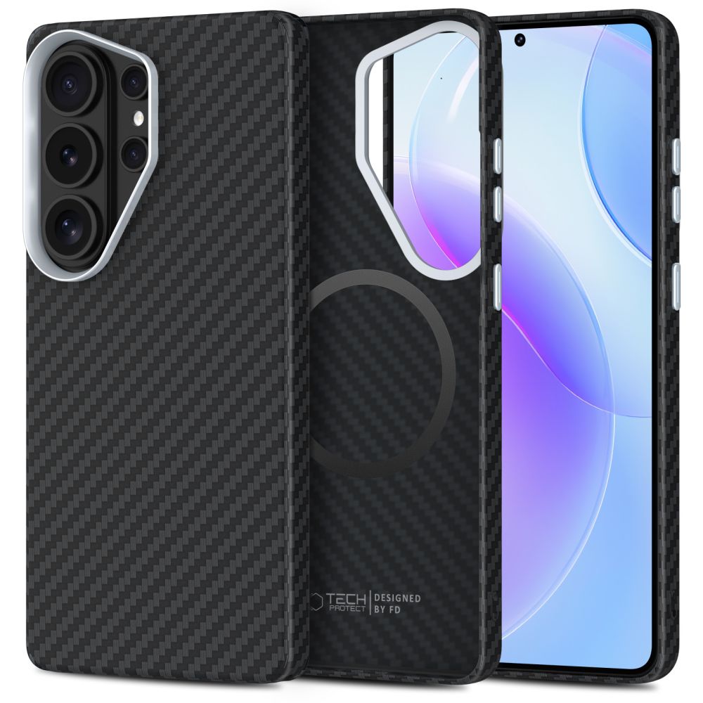 Juodas-sidabrinis dėklas Samsung Galaxy S26 Ultra Tech-Protect Ion Carbon Magsafe Juodas-sidabrinis dėklas Samsung Galaxy S26 Ultra su anglies rašto dizainu, matomi MagSafe žiedai.