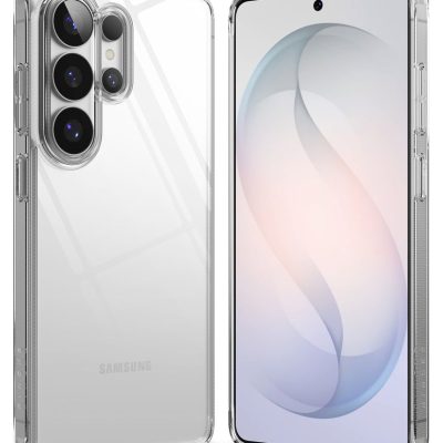 Skaidrus dėklas Samsung Galaxy S26 Ultra Ringke Fusion rodomas ant telefono iš priekio ir galo