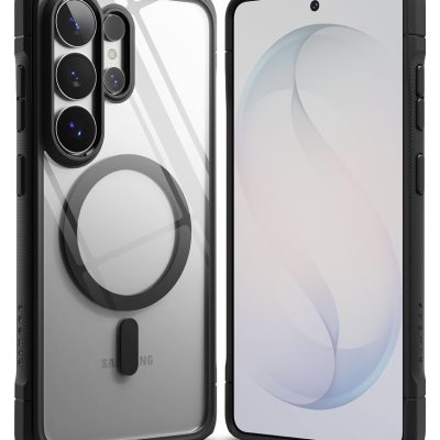 Juodas dėklas Samsung Galaxy S26 Ultra Ringke Fusion Bold Magnetic Magsafe su skaidria nugarėle ir apskritimu nugaroje