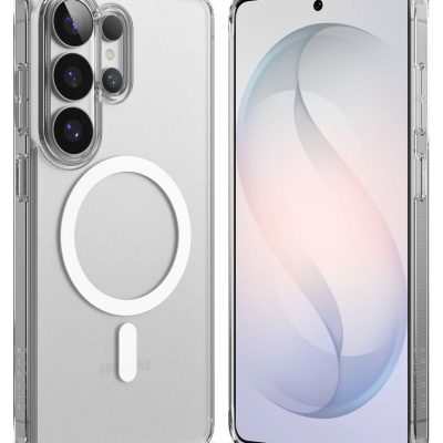 Skaidrus matinis dėklas Samsung Galaxy S26 Ultra su baltu magnetiniu Magsafe žiedu