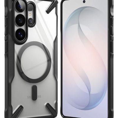 Juodas dėklas Samsung Galaxy S26 Ultra Ringke Fusion X Magnetic Magsafe, permatomas su juodais kraštais