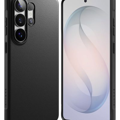 Juodas dėklas Samsung Galaxy S26 Ultra Ringke Onyx, matoma tekstūruota nugarėlė ir atviri kameros lizdai