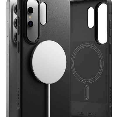 Juodas dėklas Samsung Galaxy S26 Ultra Ringke Onyx Magnetic Magsafe su apvaliu magnetu, matomas juodas paviršius
