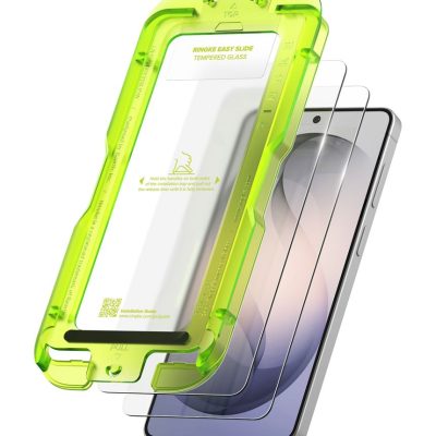 Apsauginis ekrano stikliukas Samsung Galaxy S26 Ringke Easy Slide su įdiegimo rėmeliu ir telefonu