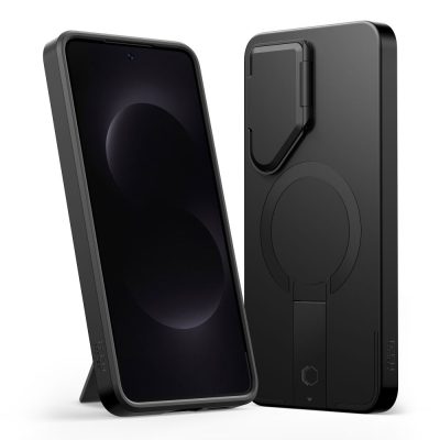 Juodas-oranzinis deklas Samsung Galaxy S26 su apvaliu zymeniu ir sulankstomu stovu