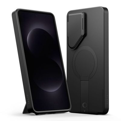 Juodas-oranžinis dėklas Samsung Galaxy S26 Ultra matomas iš priekio ir iš nugaros, su papildomu laikiklio elementu.