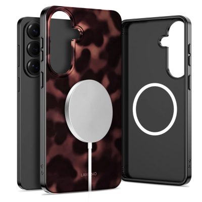 Panther dėklas Samsung Galaxy S26 Tech-Protect Lamano Magsafe su magnetine plokšte ir juodas dėklas su baltu apskritimu.