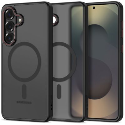 Juodas raudonas matinis dėklas Samsung Galaxy S26 Plus su raudona apvada aplink fotoaparatų modulius