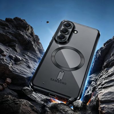 Juodas Tech-Protect Magflex MagSafe dėklas Samsung Galaxy A37 5G su MagSafe ratu matomas nuo šono.