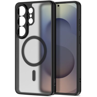 Juodas matinis deklas su skaidria nugarale ir dideliu apskrito dizaino elementu, matomas kameros modulis