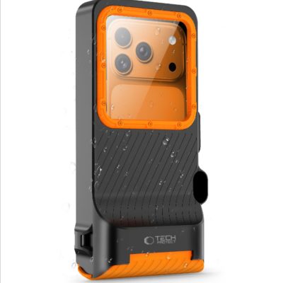 Juodas oranžinis dėklas atsparus vandeniui TECH-PROTECT IPX8 PRO UNIVERSAL DIVING WATERPROOF