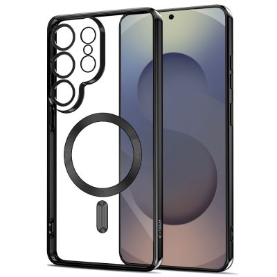 Juodas dėklas Samsung Galaaxy S26 Ultra Tech-Protect Magflex Magsafe su permatomu korpusu ir apsauga kamerai.