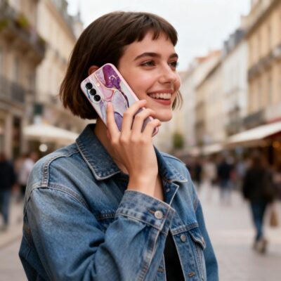 Marmurinis dėklas Tech-Protect Icon ant telefono, purpurinės rožinės spalvos, moteris gatvėje.