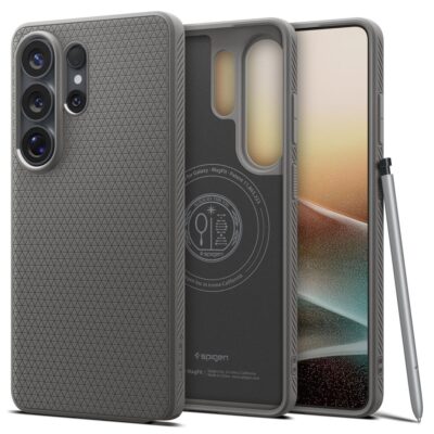 Pilkas dėklas Samsung Galaxy S26 Ultra su Spigen Liquid Air MagSafe, matomas tekstūruotas paviršius.