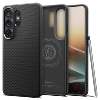 Juodas matinis dėklas Samsung Galaxy S26 Ultra su geometriniu paviršiumi, matomas kameros modulis ir šalia esantis S Pen.