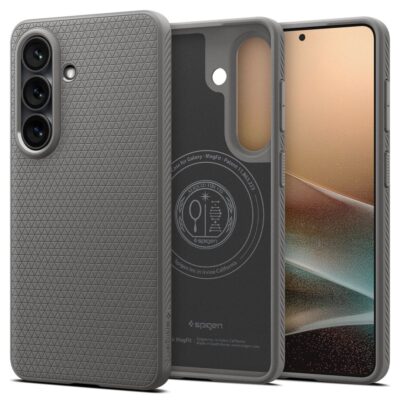 Pilkas dėklas Samsung Galaxy S26 Plus su Spigen Liquid Air Mag Magsafe, matoma tekstūruota nugarėlė