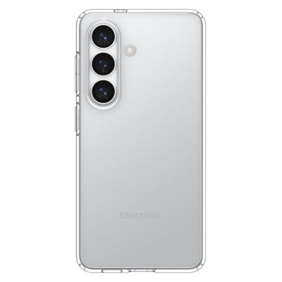 Skaidrus dėklas Samsung S26 Plus Spigen Liquid Crystal uždengia nugarą, matomas trijų kamerų blokas.