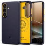 Tamsiai mėlynas dėklas Samsung Galaxy S26 su geltonomis vidinėmis detalėmis ir kameros apsaugos rėmeliu, Spigen Nano Pop Mag Magsafe