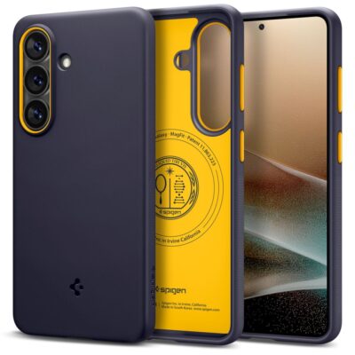 Tamsiai mėlynas dėklas Samsung Galaxy S26 su geltonomis vidinėmis detalėmis ir kameros apsaugos rėmeliu, Spigen Nano Pop Mag Magsafe