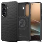 Juodas dėklas Samsung Galaxy S26 su tekstūruotu paviršiumi ir trijų kamerų moduliu