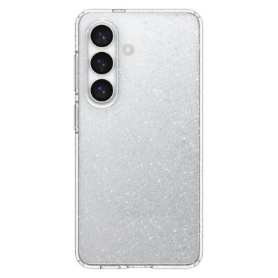 Skaidrus blizgantis dėklas Samsung S26 Spigen Liquid Crystal su glitter paviršiumi ir kamerų iškirpte