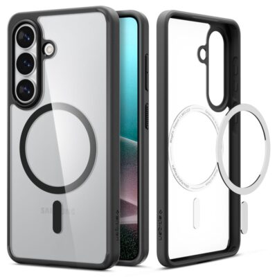 Juodas matinis dėklas Samsung S26 Spigen Ultra Hybrid MagSafe su skaidria nugarėle ir juodu rėmu.