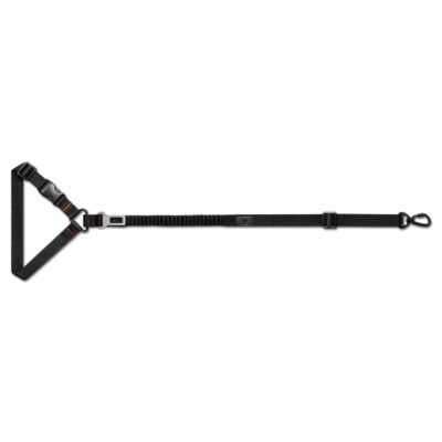 Juodas SPIGEN PS100 universalus augintinio diržas su metaline kilpa, ištemptas horizontalioje padėtyje