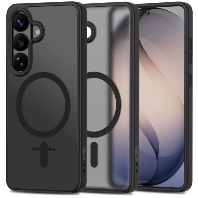 Juodas matinis dėklas Samsung Galaxy S26 su MagSafe žiedu ir kamerų apsauga