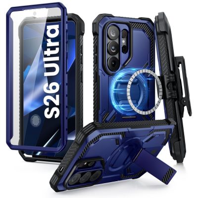 Cobalt dėklas Samsung Galaxy S26 Ultra Supcase IBLSN Armorbox Clip Mag Magsafe mėlynas su juodais apsauginiais kraštais ir stoveliu