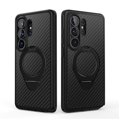 Juodas aramid dėklas Samsung Galaxy S26 Ultra su apsauginiu žiedu ir anglies pluošto raštu