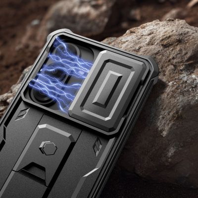 Juodas dėklas Samsung Galaxy S26 su kameros apsauga ir lazeriniais efektais