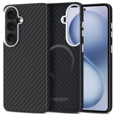 Juodas-sidabrinis dėklas Samsung Galaxy S26 su angliukų rašto paviršiumi, matomas MagSafe žiedas