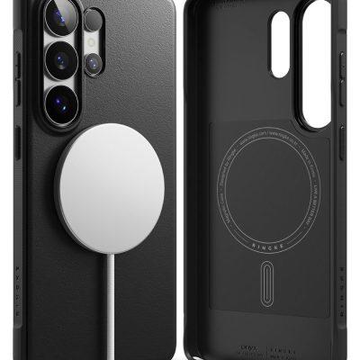 Juodas dėklas Samsung Galaxy S26 Ultra su magnetiniu MagSafe laikikliu, matomas iš dviejų pusių