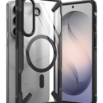 Juodas dėklas Samsung Galaxy S26 Plus Ringke Fusion X Magnetic Magsafe su permatomu nugarėlės dizainu