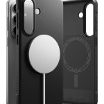 Juodas dėklas Samsung Galaxy S26 Plus Ringke Onyx Magnetic Magsafe su Magsafe įkrovikliu ir matoma tekstūra