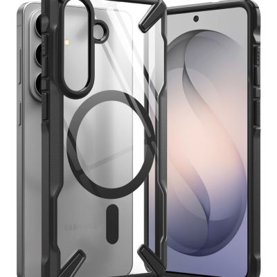 Juodas dėklas Samsung Galaxy S26 Ringke Fusion X Magnetic Magsafe su skaidria nugarėle ir juodais kraštais