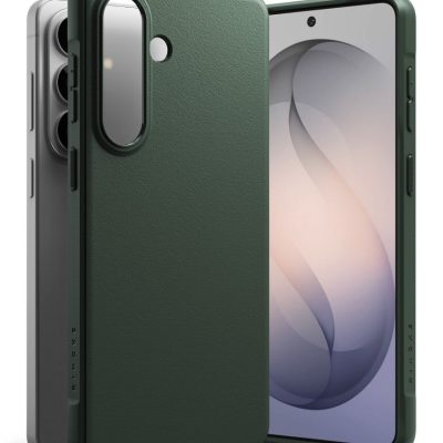 Tamsiai žalias dėklas Samsung Galaxy S26 Ringke Onyx matomas iš priekio ir galo