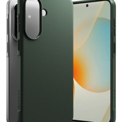 Žalias dėklas Samsung Galaxy A57 5G su tekstūruotu paviršiumi, matoma kamera išpjova nugaroje