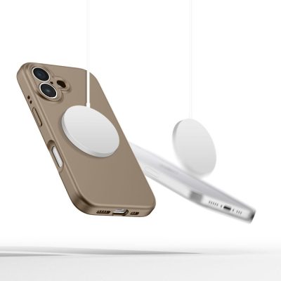 Rudas dėklas Apple Iphone 16E 17E Tech-Protect Silicone Magsafe su baltu magnetiniu įkrovikliu.
