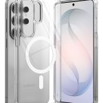 Skaidrus dėklas Samsung Galaxy S26 Ultra Ringke Fusion Magnetic Magsafe ant telefono su balta magnetine juosta