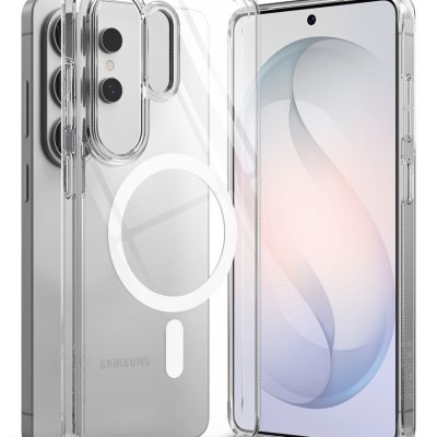 Skaidrus dėklas Samsung Galaxy S26 Ultra Ringke Fusion Magnetic Magsafe ant telefono su balta magnetine juosta