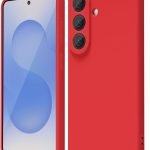 Raudonas deklas Samsung Galaxy S942 S26 Liquid Silicone 1.5mm uzdengia telefona, matomas nugaros kameros modulis.