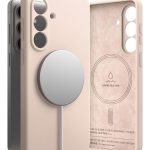 Rausvas dėklas Samsung Galaxy S26 Plus su apskritimu centre ir magnetu, matomas iš priekio ir vidaus