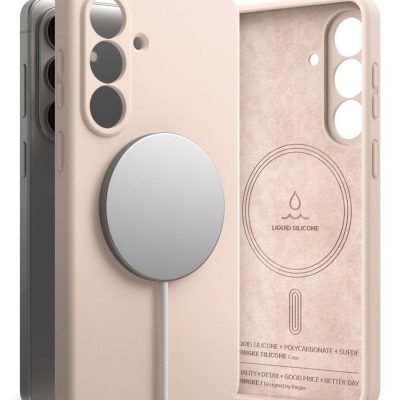 Rausvas dėklas Samsung Galaxy S26 Plus su apskritimu centre ir magnetu, matomas iš priekio ir vidaus